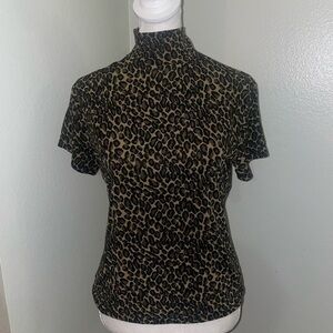 Vintage 90's Brown and Black cheetah Pattern Turtle Neck Short Sleeve Top